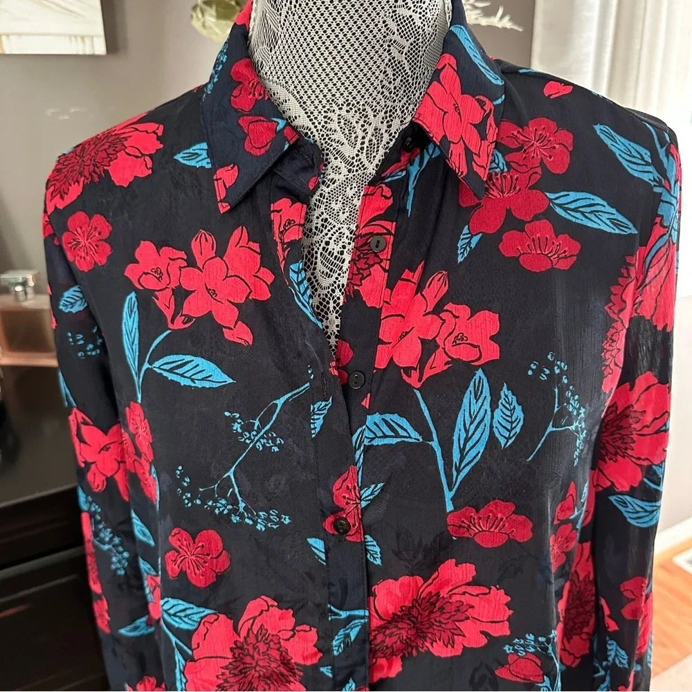 Zara Z1975 Semi-Sheer Maximalist Black Red Blue Bold Floral Blouse Size M - Picture 5 of 16